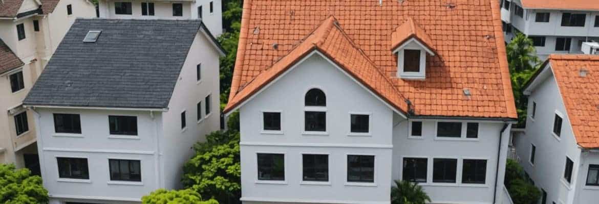 Modern multi-story residential homes with lush greenery in a vibrant suburban neighborhood.