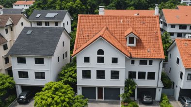 Modern multi-story residential homes with lush greenery in a vibrant suburban neighborhood.
